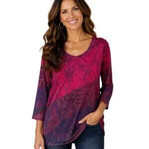Soft Surroundings Ombre Soft Tunic Womens Small Burgundy Pink Mixed Print Top